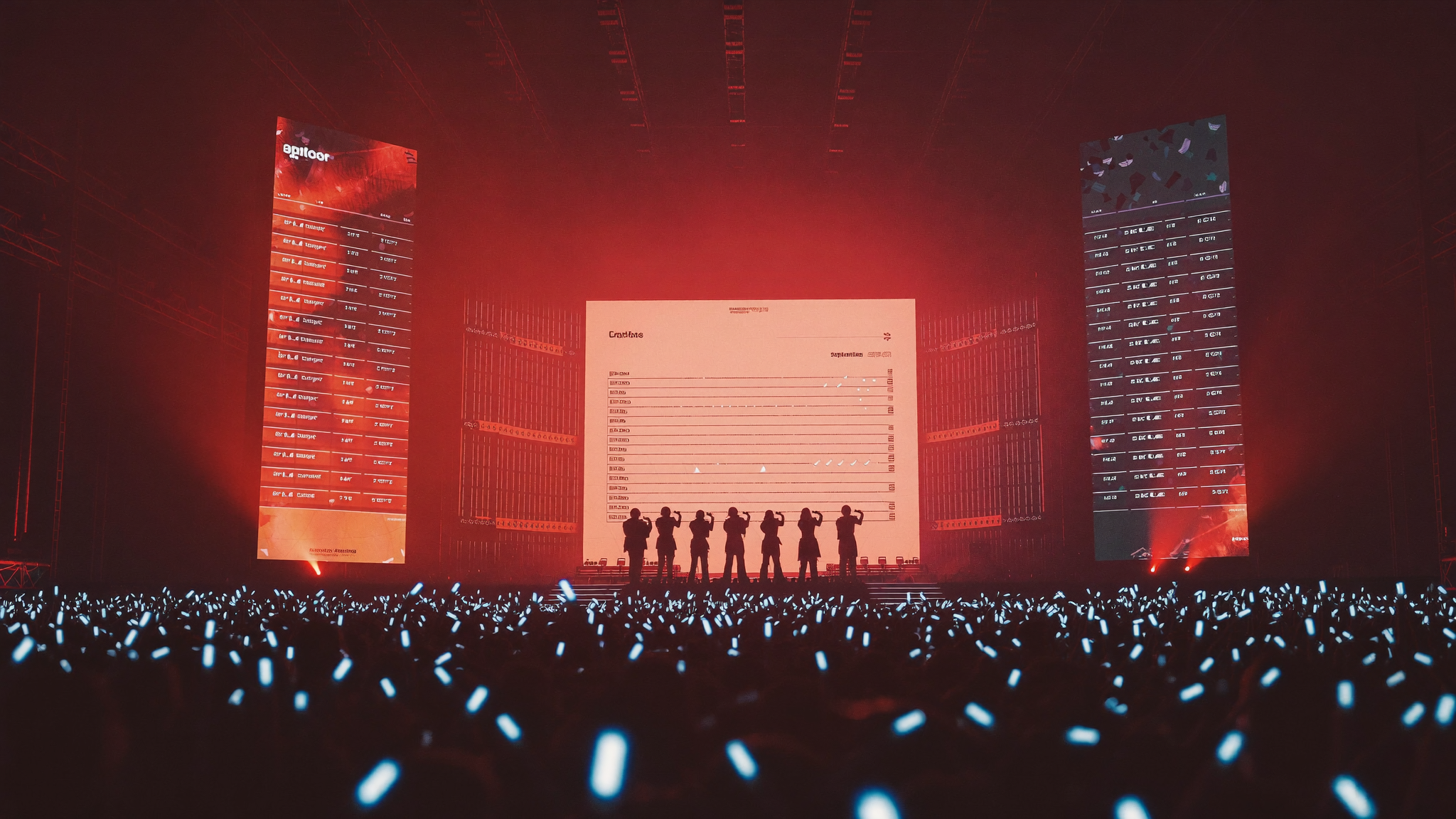 CORTIS REDRED chart record K-pop concert stage with red lighting and lightsticks