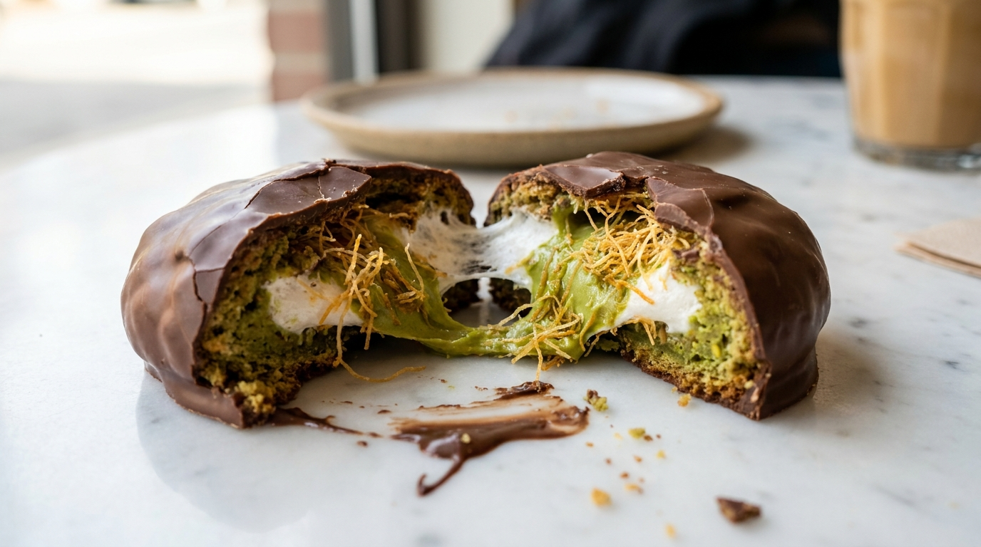 Dubai chewy cookie (dujjonku) broken in half showing pistachio cream and kadaif filling