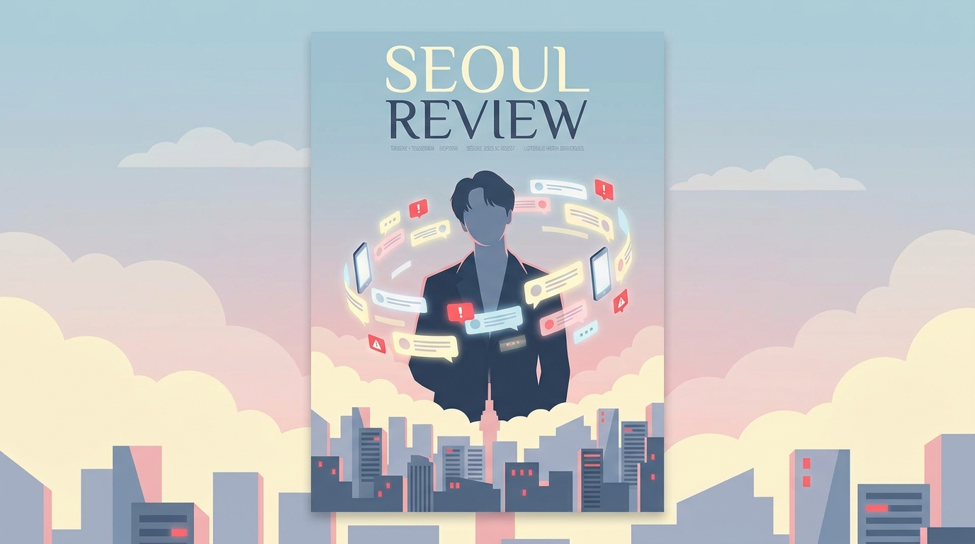 Illustration of a Korean celebrity standing under a storm of glowing phone and comment icons, symbolizing eokkka celebrity criticism culture in Korea