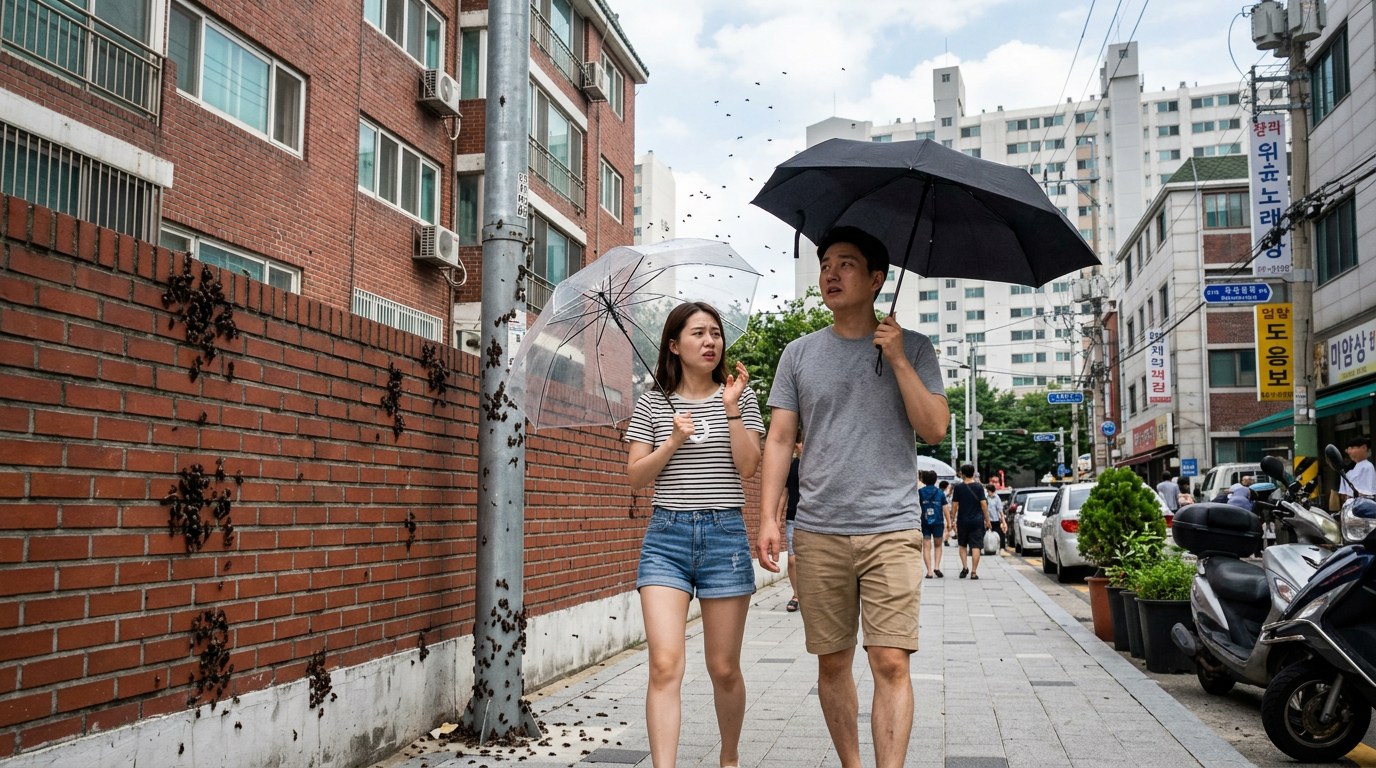 Lovebug swarm covering a Seoul sidewalk and apartment wall as pedestrians shield themselves with umbrellas