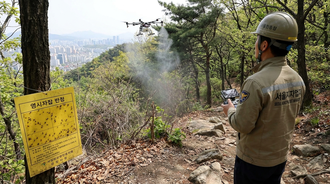 Seoul pest control worker flying a water-spraying drone over a hiking trail to control lovebug swarms