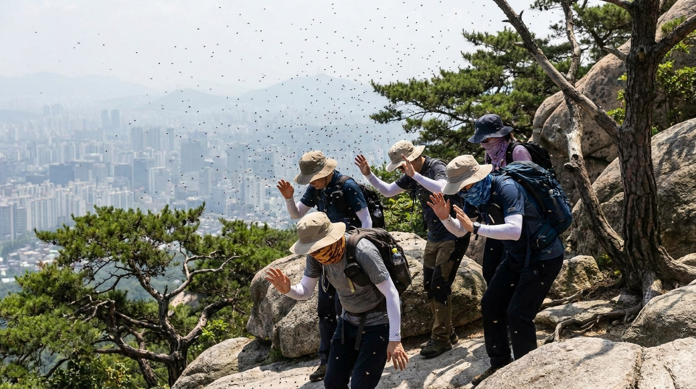 Hikers on a Seoul mountain trail swarmed by clouds of lovebugs during Korea's summer outbreak