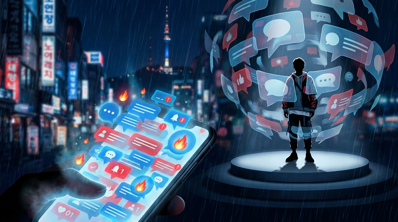 Korea celebrity online outrage culture illustrated as a phone flooded with comments beside a silhouetted K-pop idol on stage