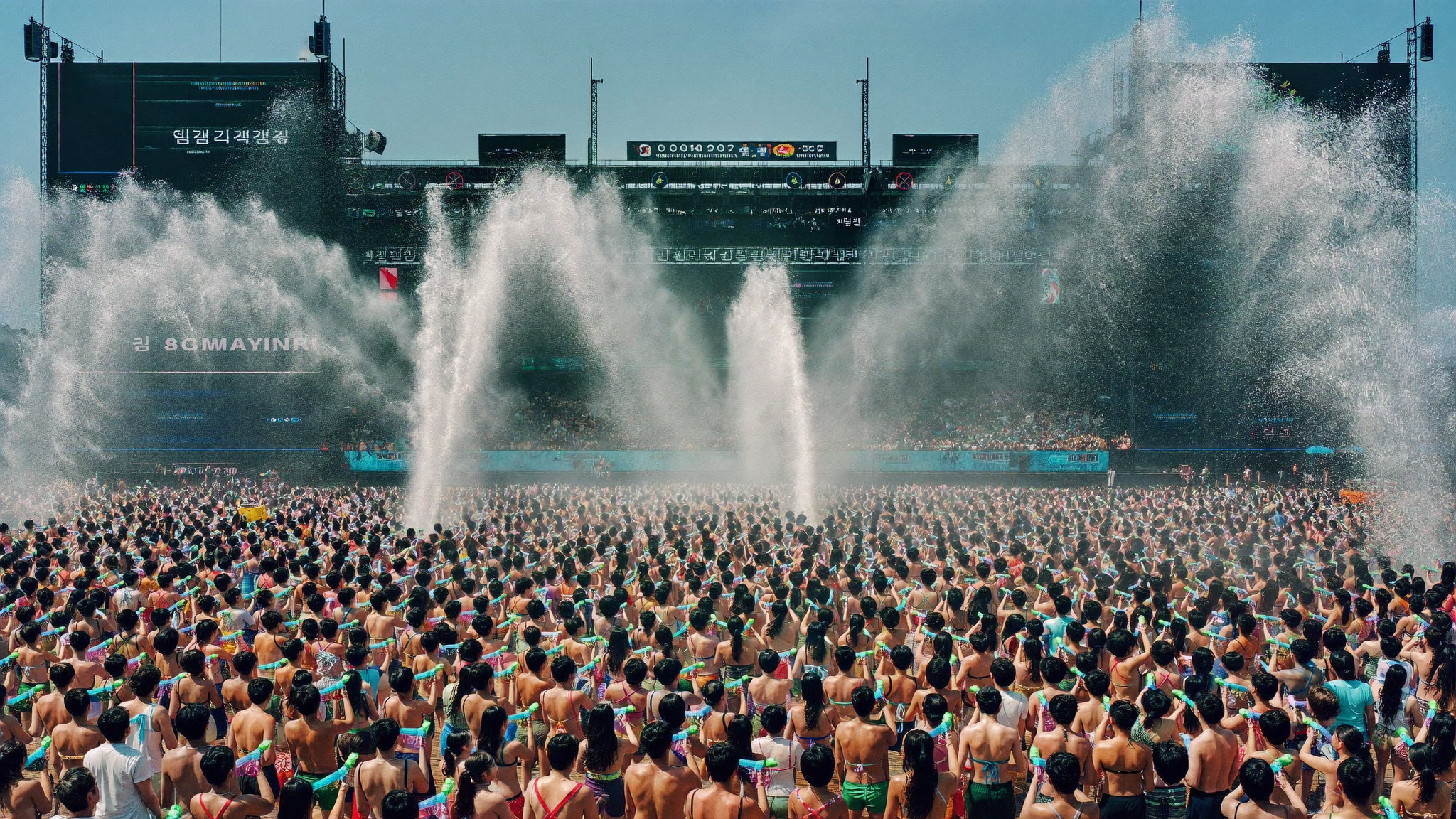 WATERBOMB Seoul 2026 crowd firing water guns in front of the main festival stage