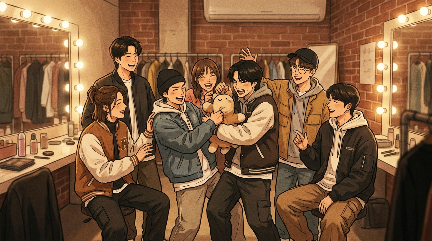 Korean idol group backstage laughing during the Shindong Yesung fight story reveal
