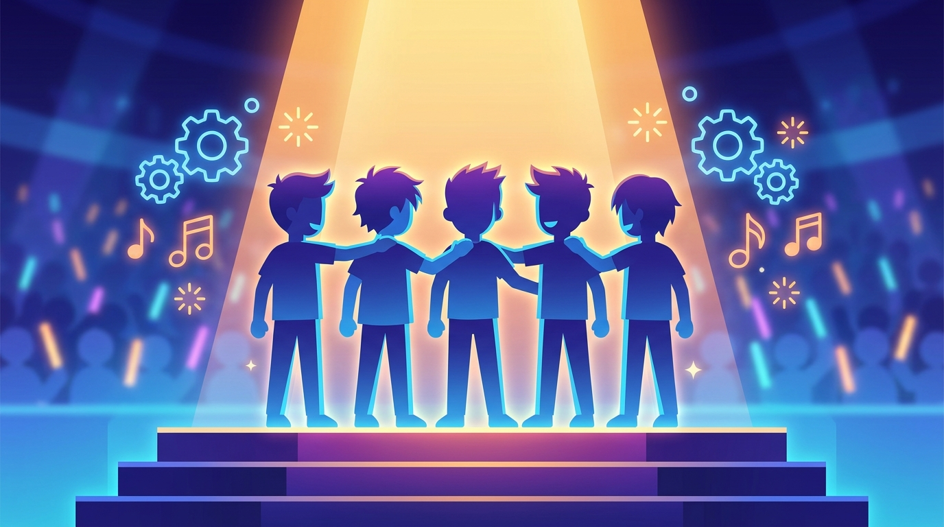 Silhouette of a K-pop idol group performing on stage, representing decades of Super Junior brotherhood