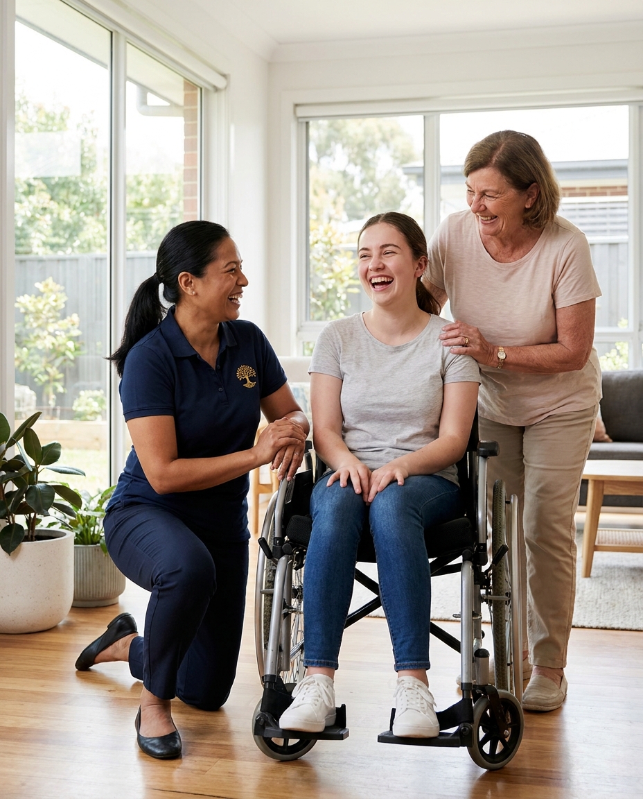 MAYIM Care NDIS support worker sharing a warm moment with a participant in Melbourne, Victoria