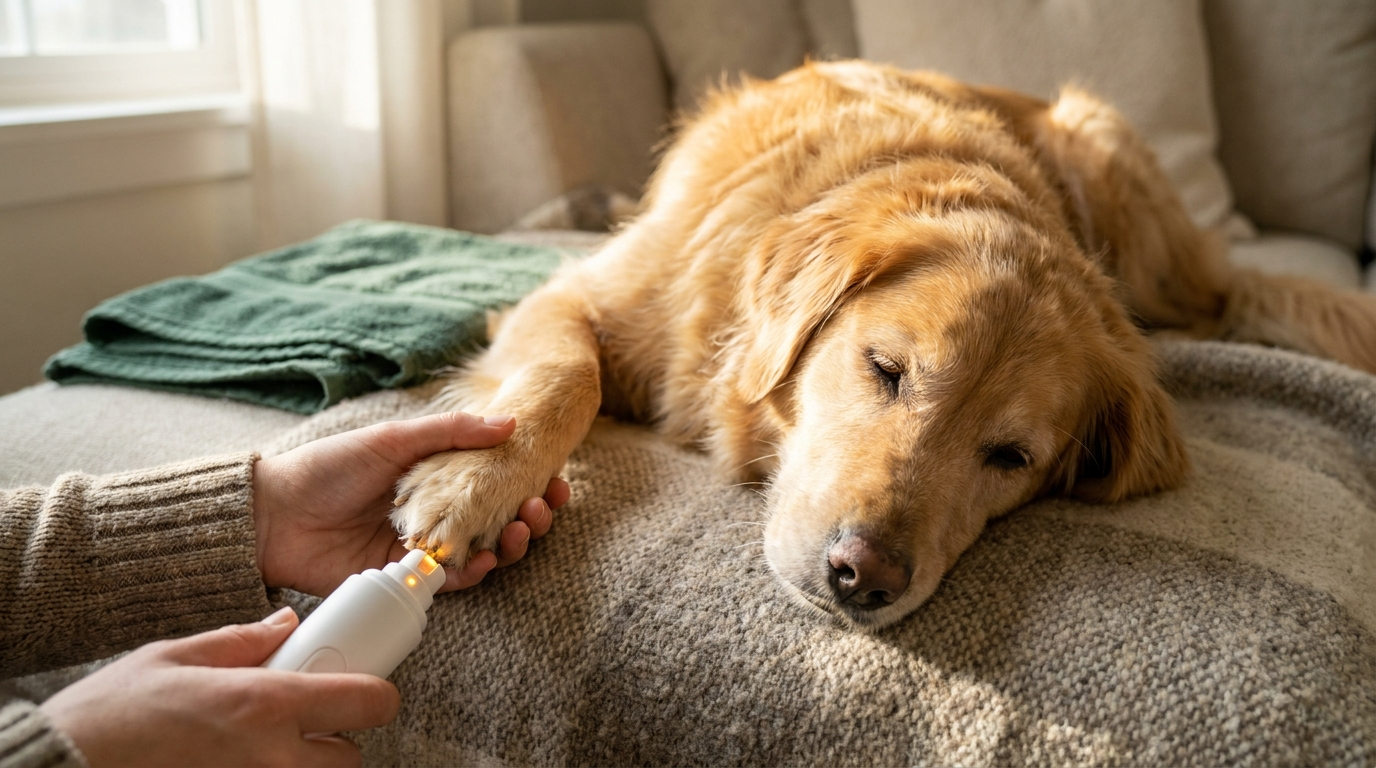 A relaxed dog having its nails trimmed calmly with the LittleFurFolks QuietPaw grinder, dual LED lights glowing at the tip