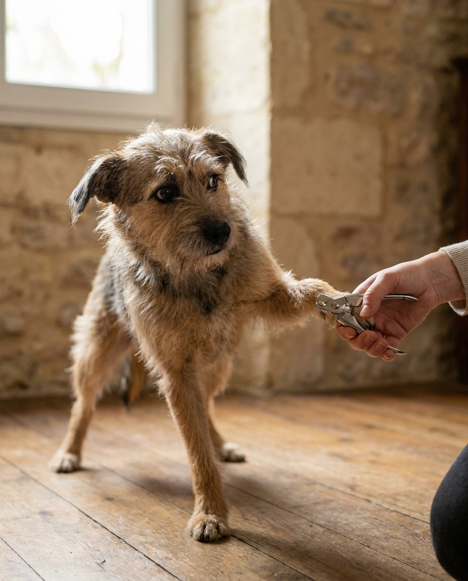 A tense dog pulling its paw away during a traditional nail clipper trim