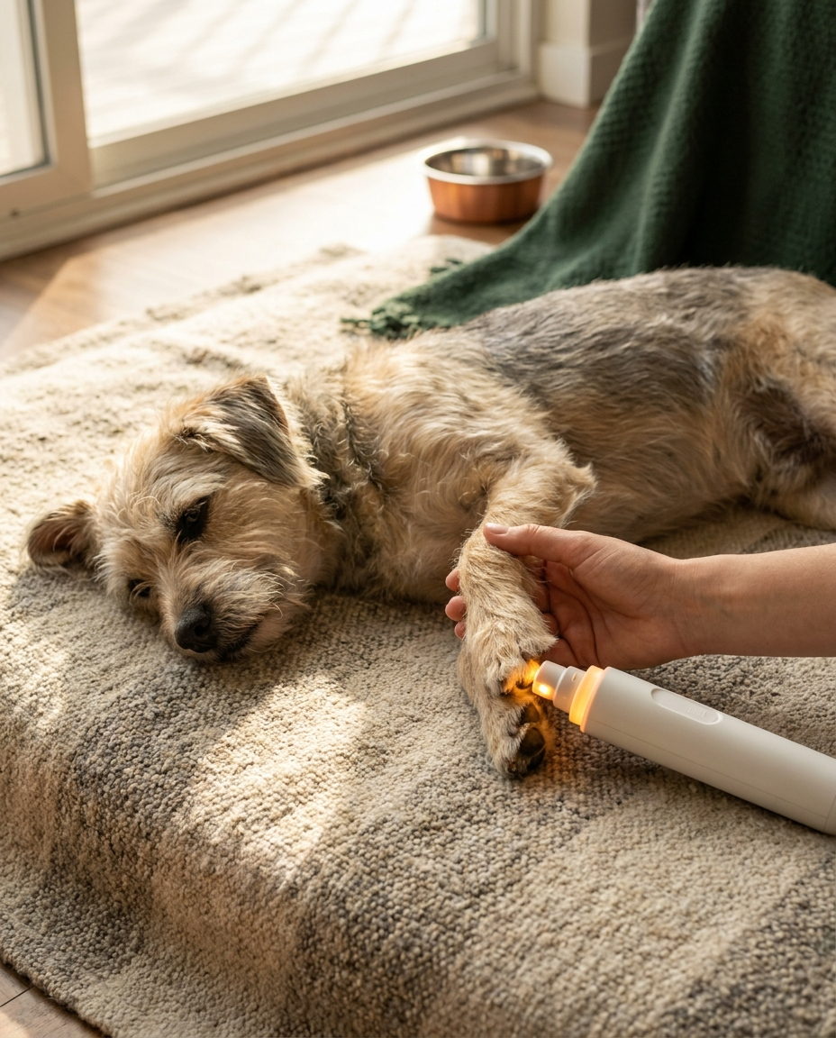 The same dog relaxed and calm during a LittleFurFolks QuietPaw session