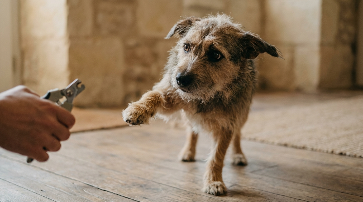 An anxious dog pulling its paw away from a nail clipper