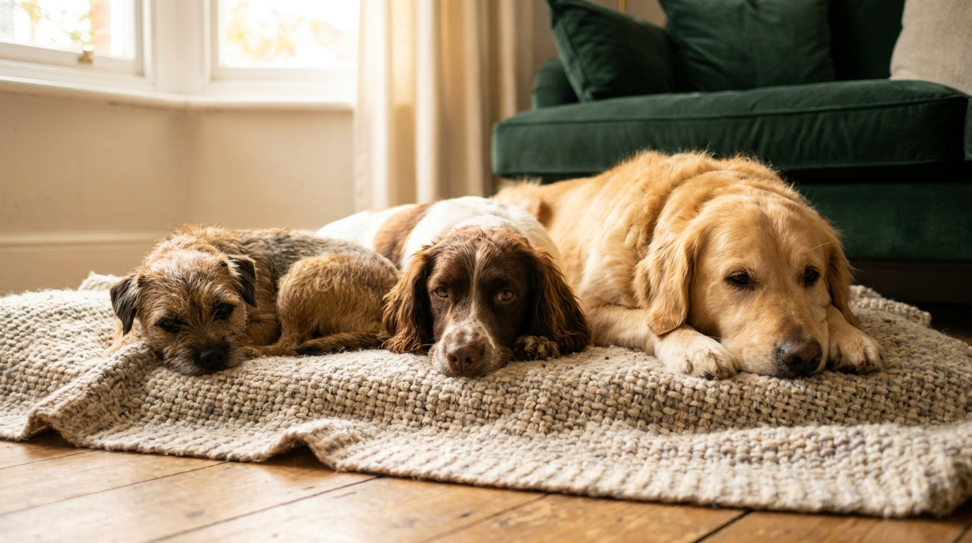 Three dogs of different breeds and sizes resting calmly together