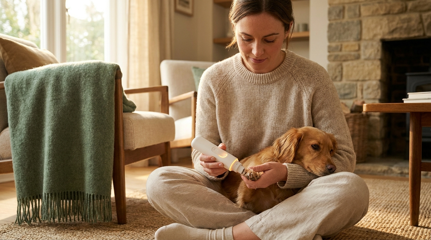 A dog owner confidently and calmly trimming her dog's nails at home with QuietPaw