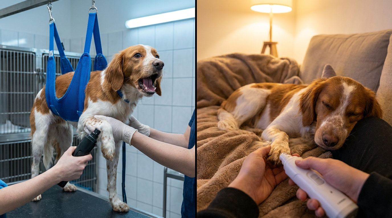 Split comparison: the same dog distressed during a loud standard grinder trim versus calm and relaxed during a QuietPaw trim