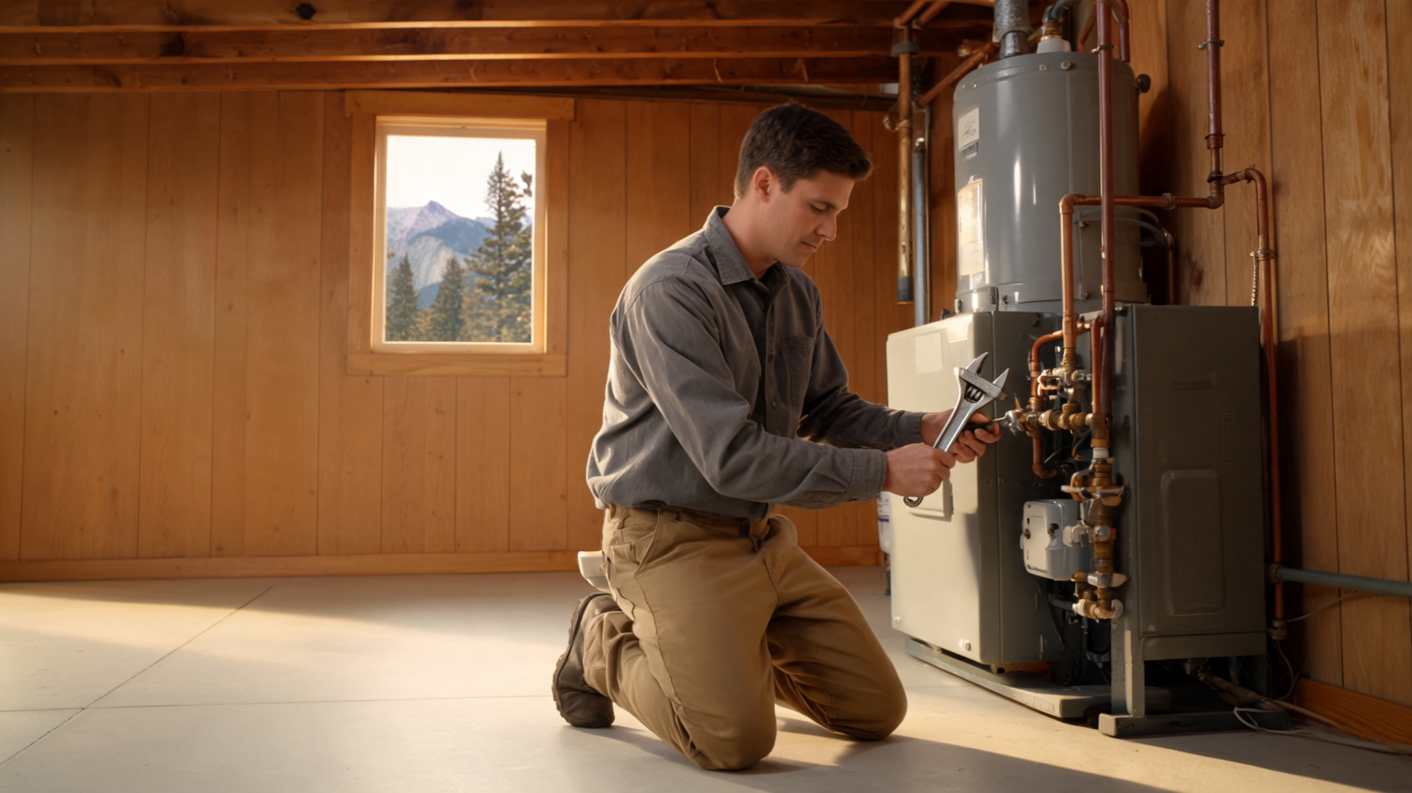Plumbing and heating technician kneeling beside a residential boiler in a Durango, Colorado home, adjusting a valve