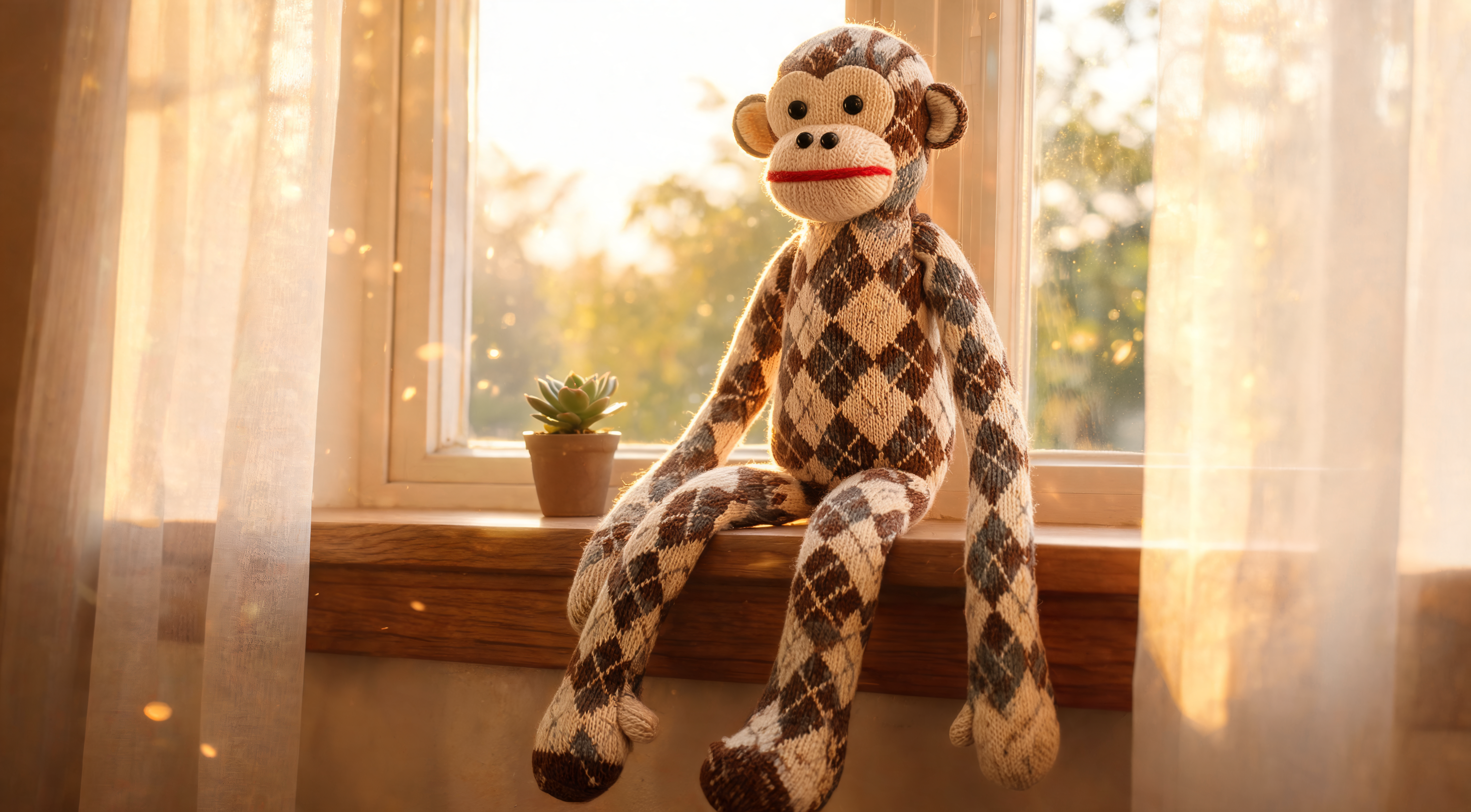 A tall sock monkey doll made from argyle knee-high socks, sitting on a windowsill