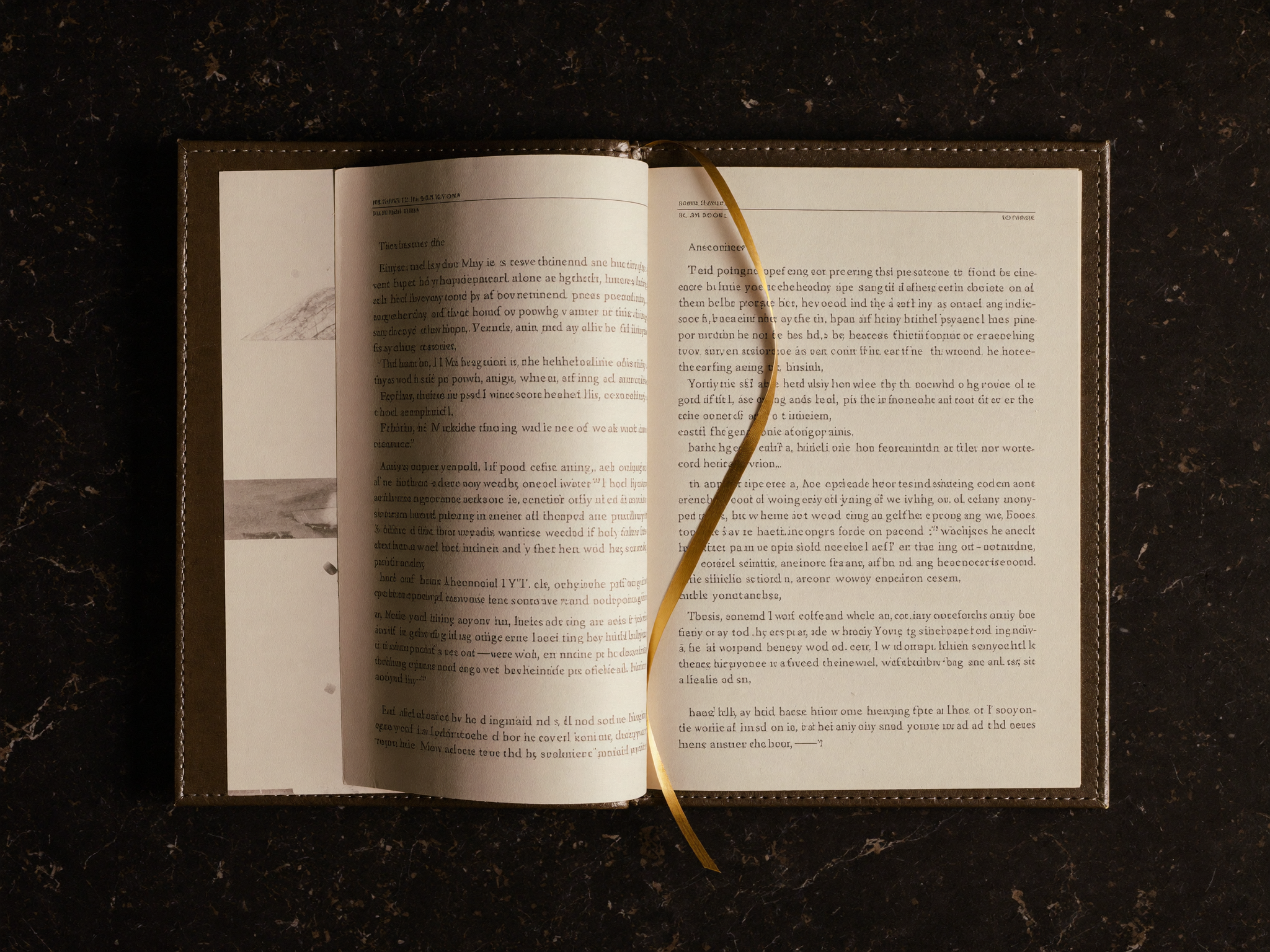 Overhead editorial photograph of a leather-bound medical journal open with a gold ribbon bookmark on a matte black surface.