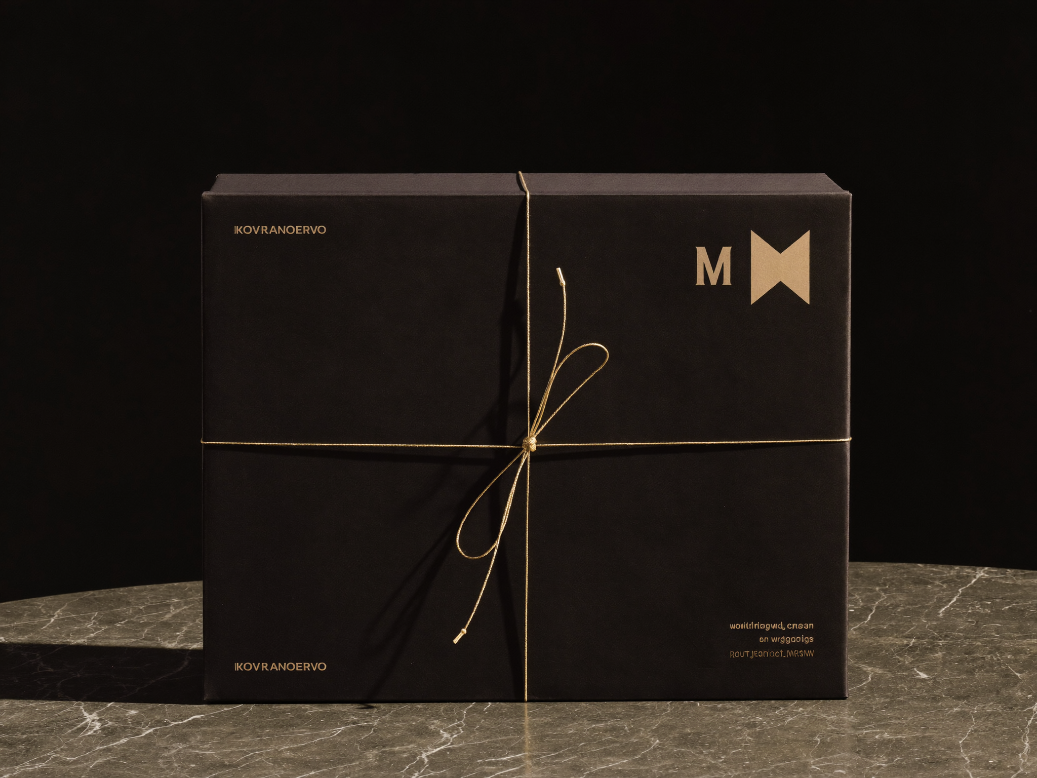 Editorial photograph of a plain unbranded matte black shipping box tied with a thin gold cord on a dark stone surface.