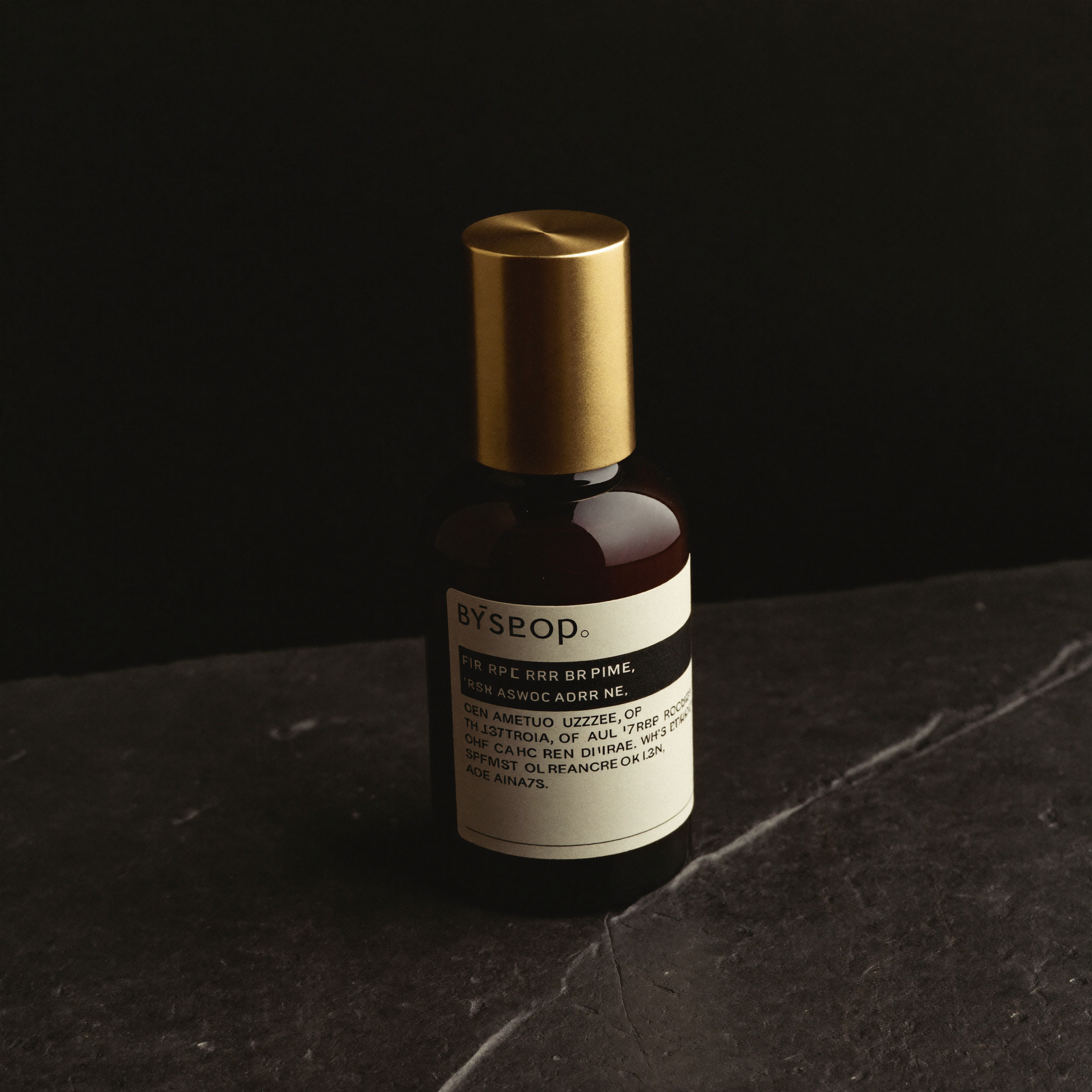 A Private Supply peptide vial with a brushed gold cap at three-quarter angle on matte black stone, low-key warm lighting.