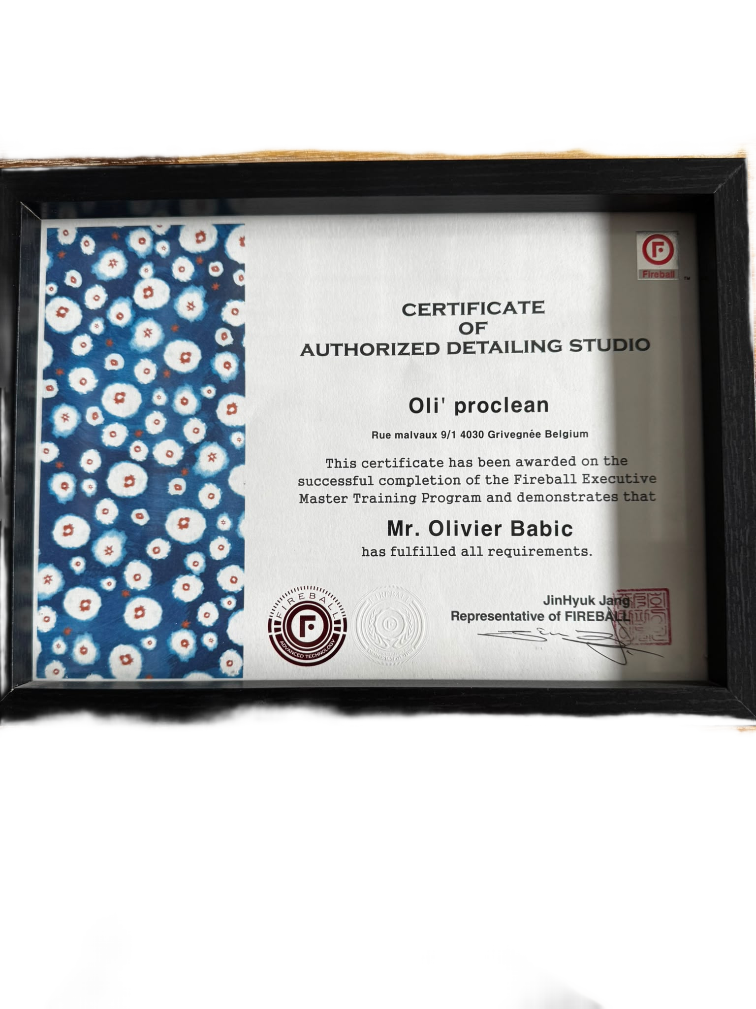 Certificat Fireball — Authorized Detailing Studio