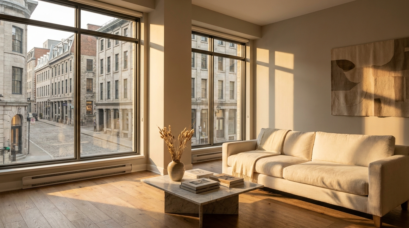 Sunlit Montreal condominium interior at golden hour