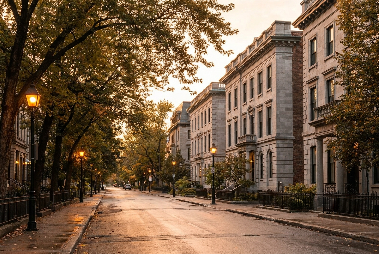 Downtown Montreal Golden Square Mile architecture at golden hour