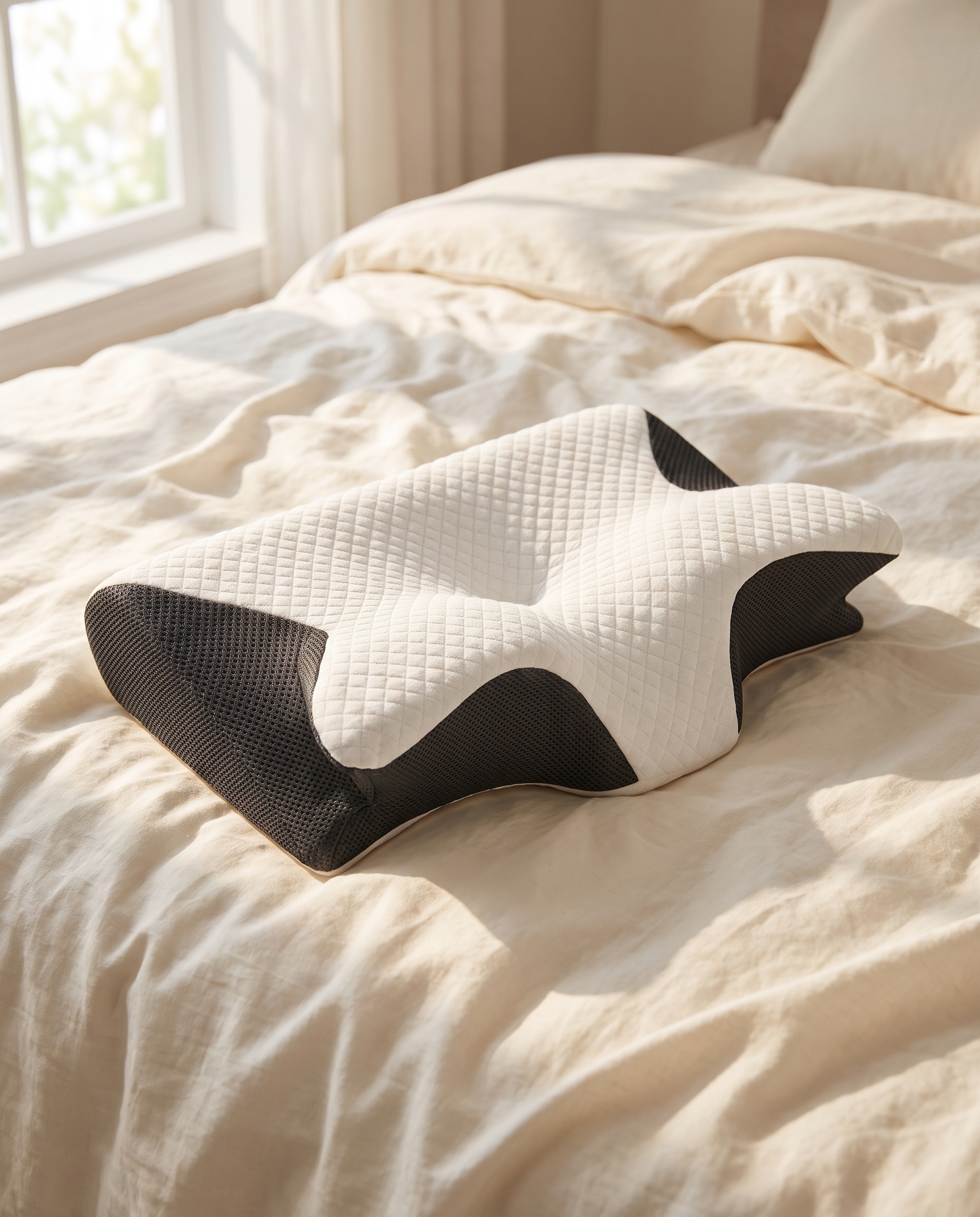 Cuscino ortopedico MORPHO su un letto minimalista di lusso con biancheria in lino color avorio