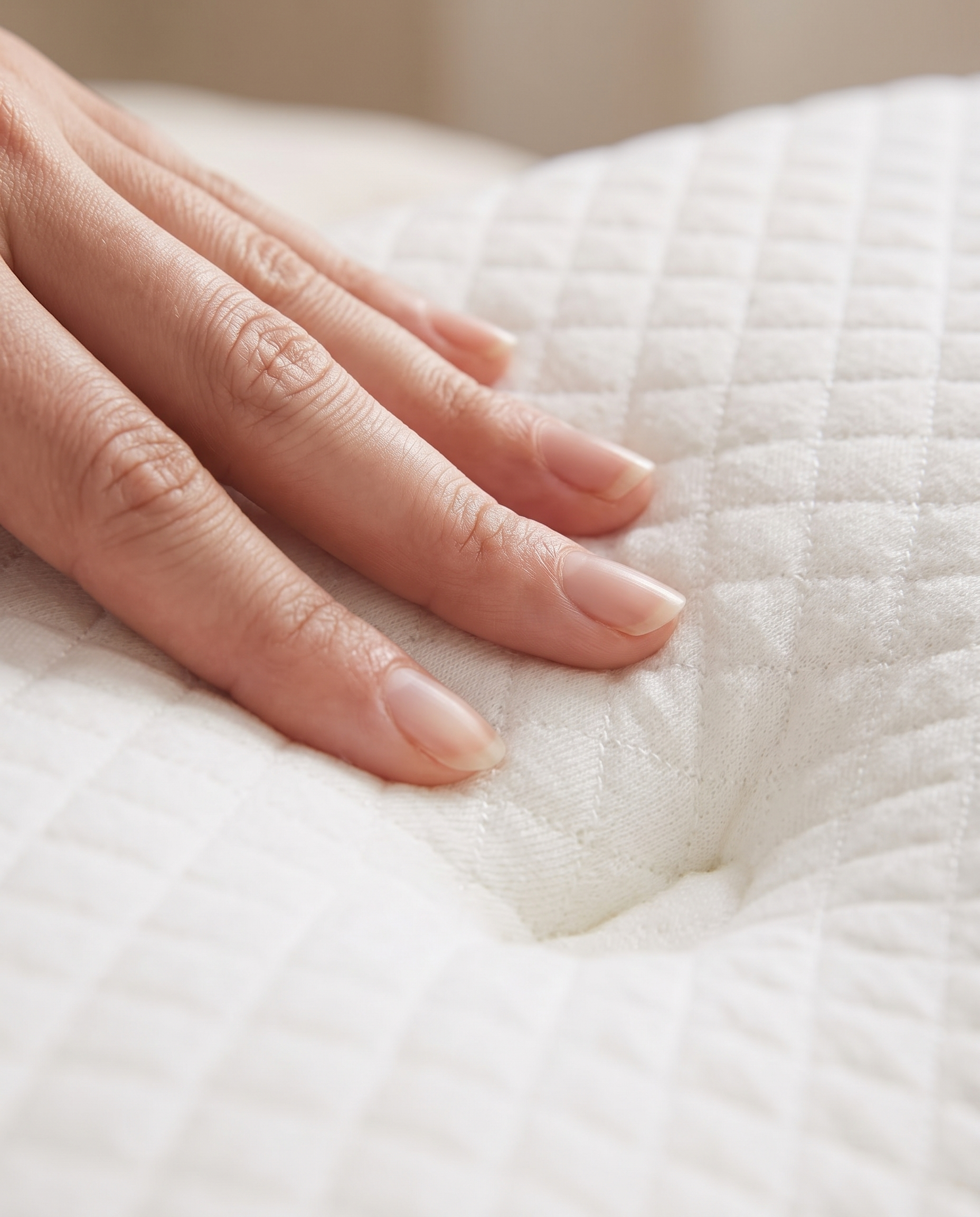 Primo piano di una mano che preme sulla memory foam del cuscino MORPHO