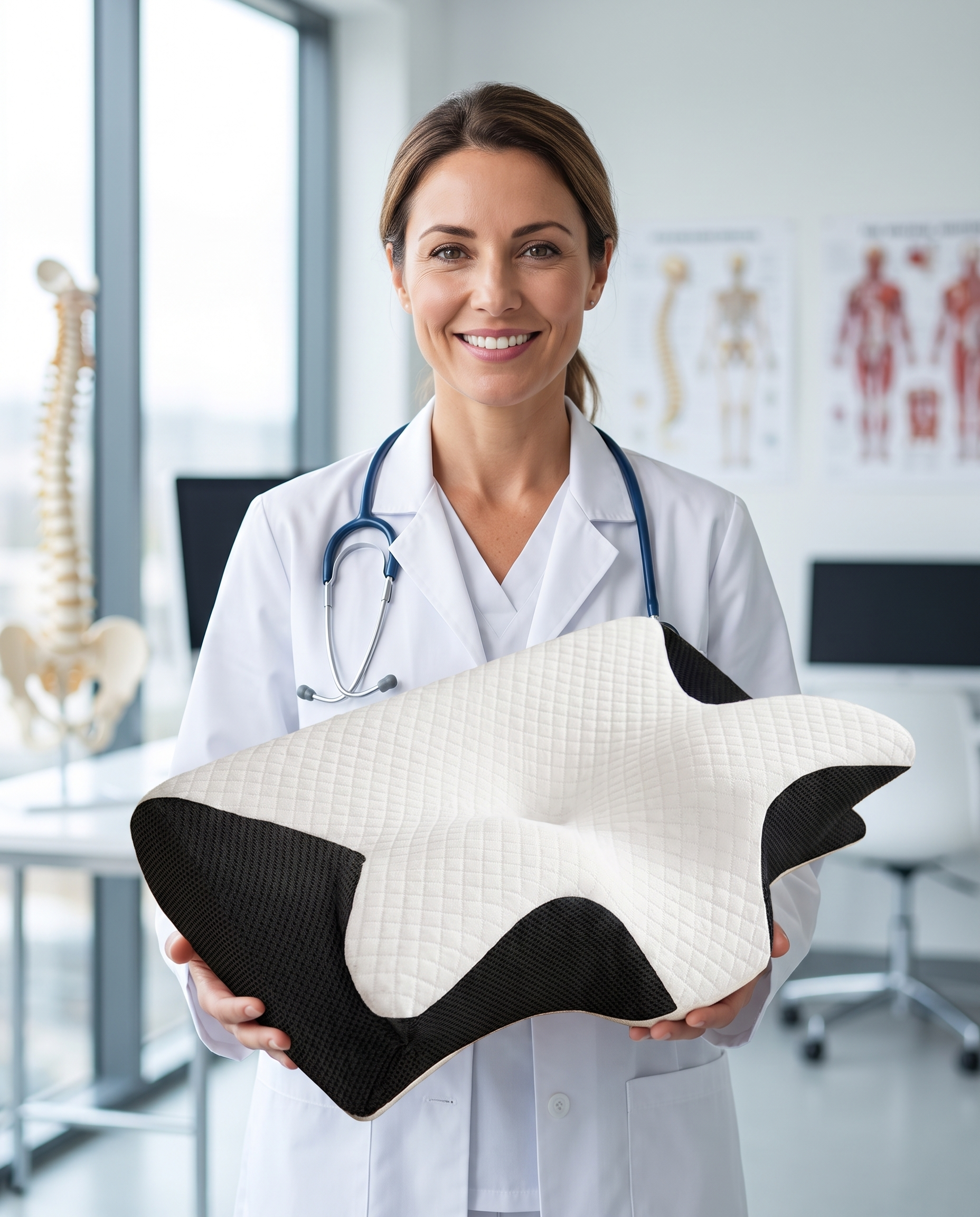 Medico ortopedico che presenta il cuscino MORPHO in uno studio medico luminoso