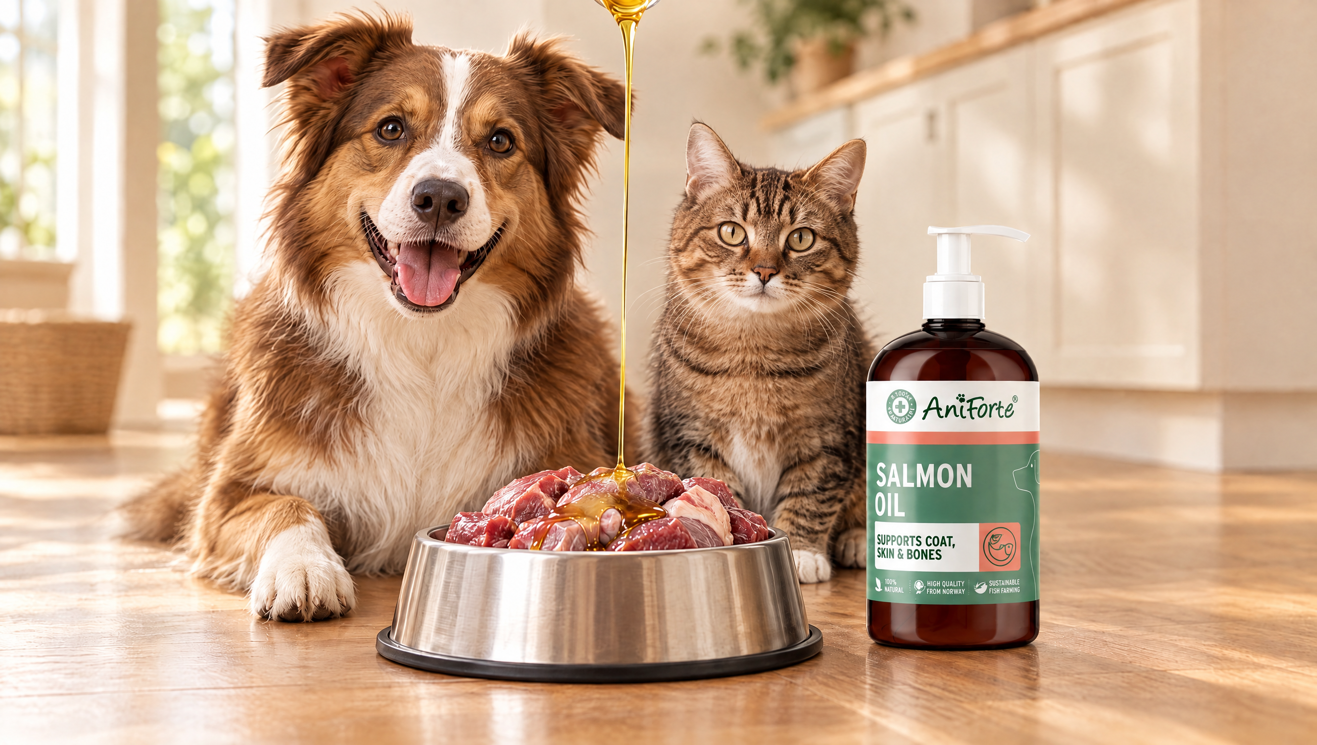 A happy dog and a smaller cat looking at the camera beside a bowl of raw food with oil being poured over it, and a bottle of AniForte Salmon Oil