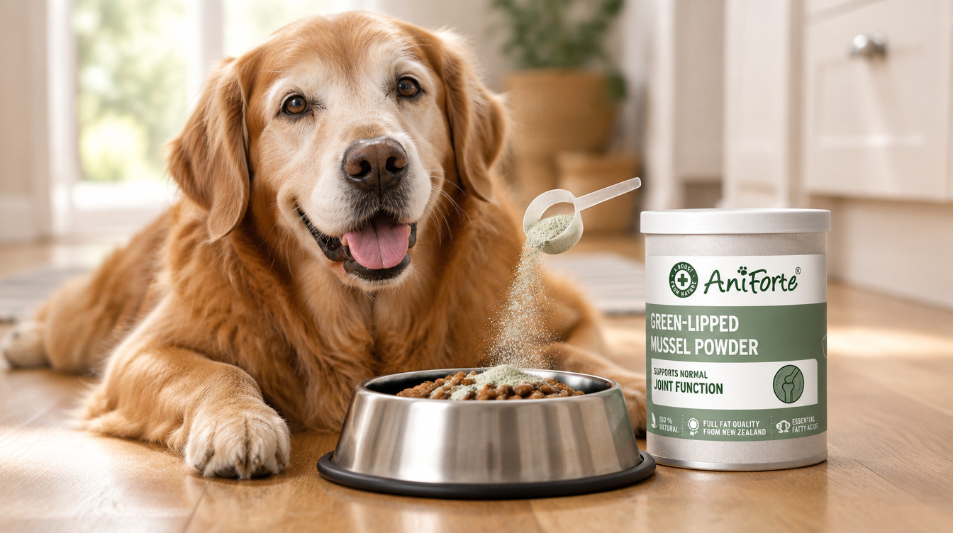 A happy older golden retriever looking at the camera beside a bowl of food with green lipped mussel powder being sprinkled over it, next to a tub of AniForte Green Lipped Mussel Powder