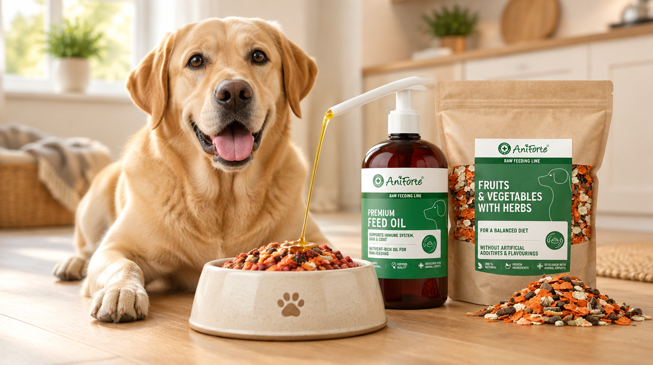 A happy Labrador looking at the camera beside a raw feeding bowl with AniForte Premium Feed Oil being drizzled over it, next to a pack of AniForte Fruit & Vegetable Flakes with Herbs