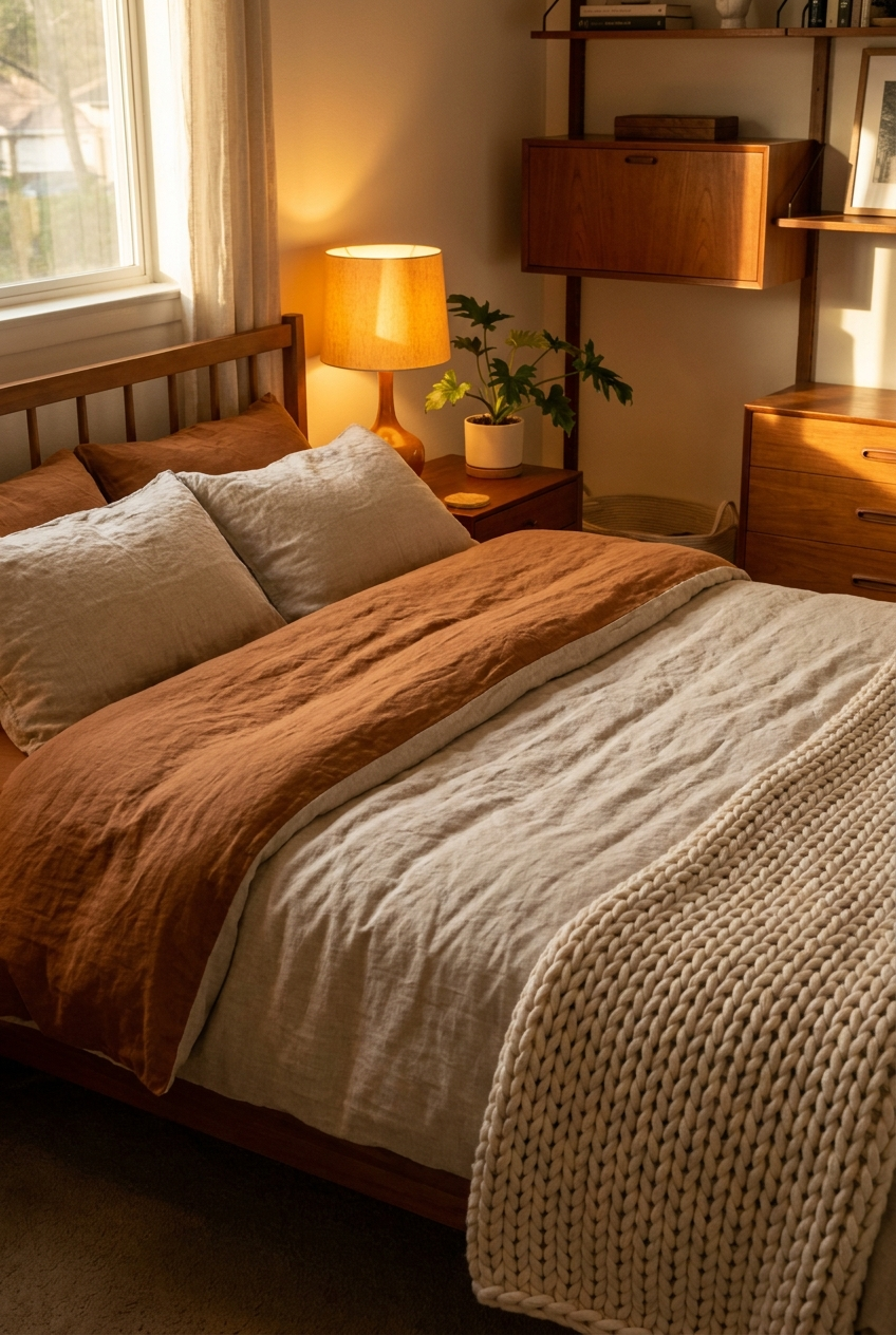 Cozy bedroom with warm lamp light, layered linen bedding and a chunky knit throw blanket