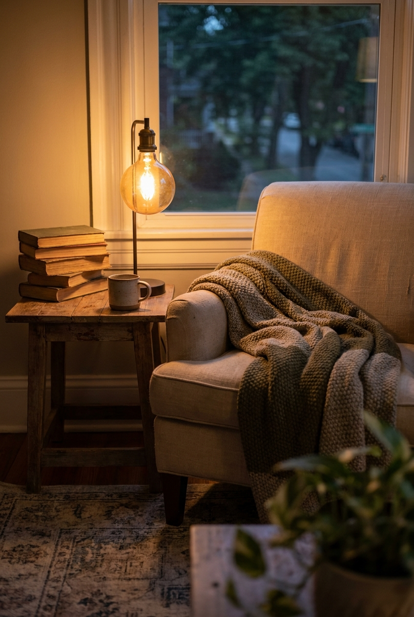 A warm glowing table lamp with an Edison-style bulb in a cozy corner