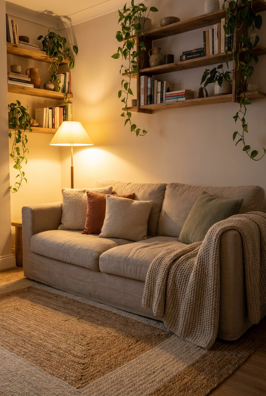 Cozy small living room with a linen sofa, layered cushions, a rug and warm light