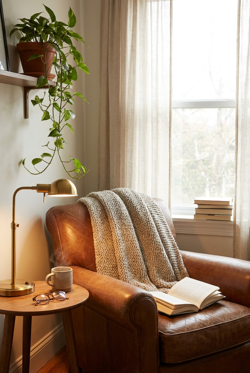 A cozy reading nook by a window with an armchair, throw blanket, warm lamp and tea