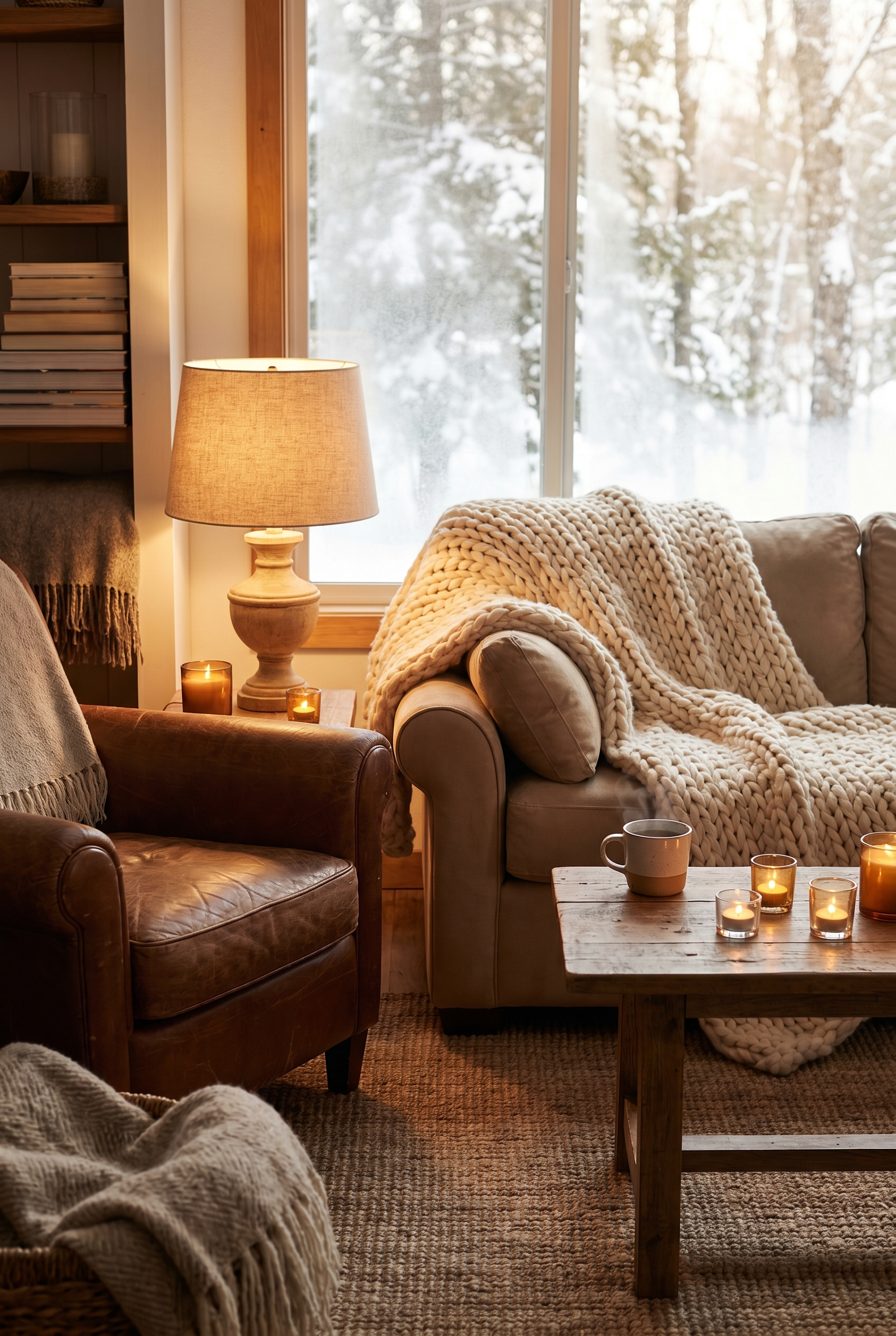 A cozy winter apartment with warm lamp light, candles, a knit blanket and tea by a frosted window