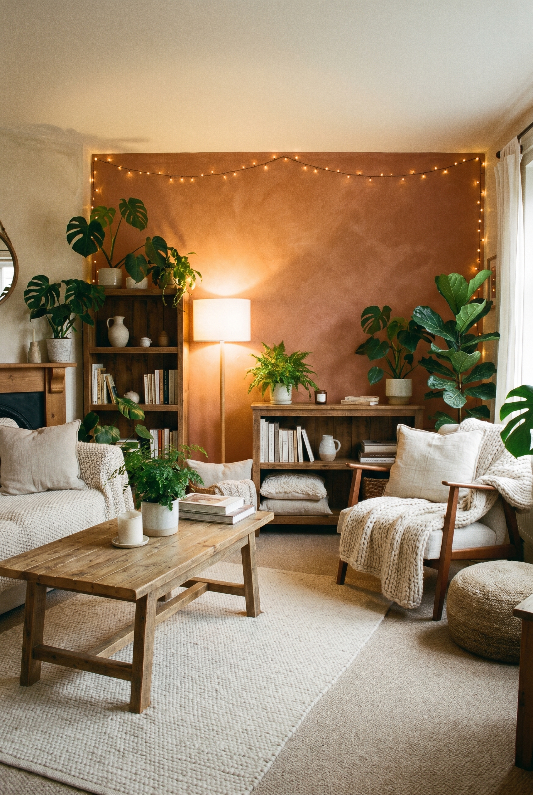 A cozy room with a warm terracotta painted accent wall, wooden furniture and plants