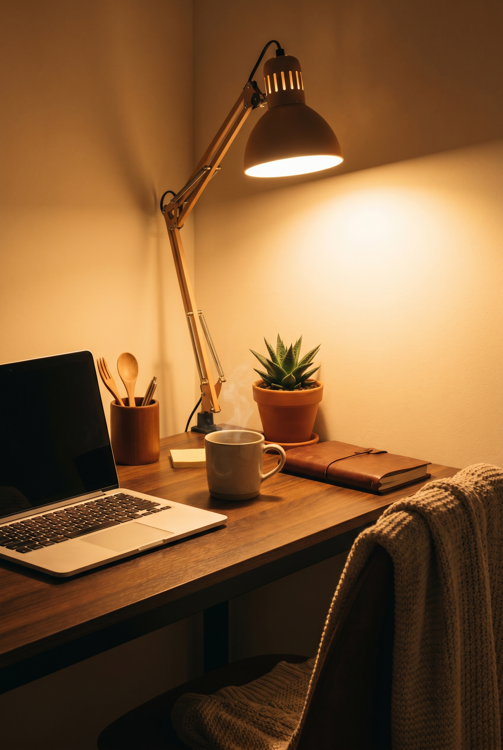 A cozy tidy desk with a warm lamp, wooden surface, a plant and a mug