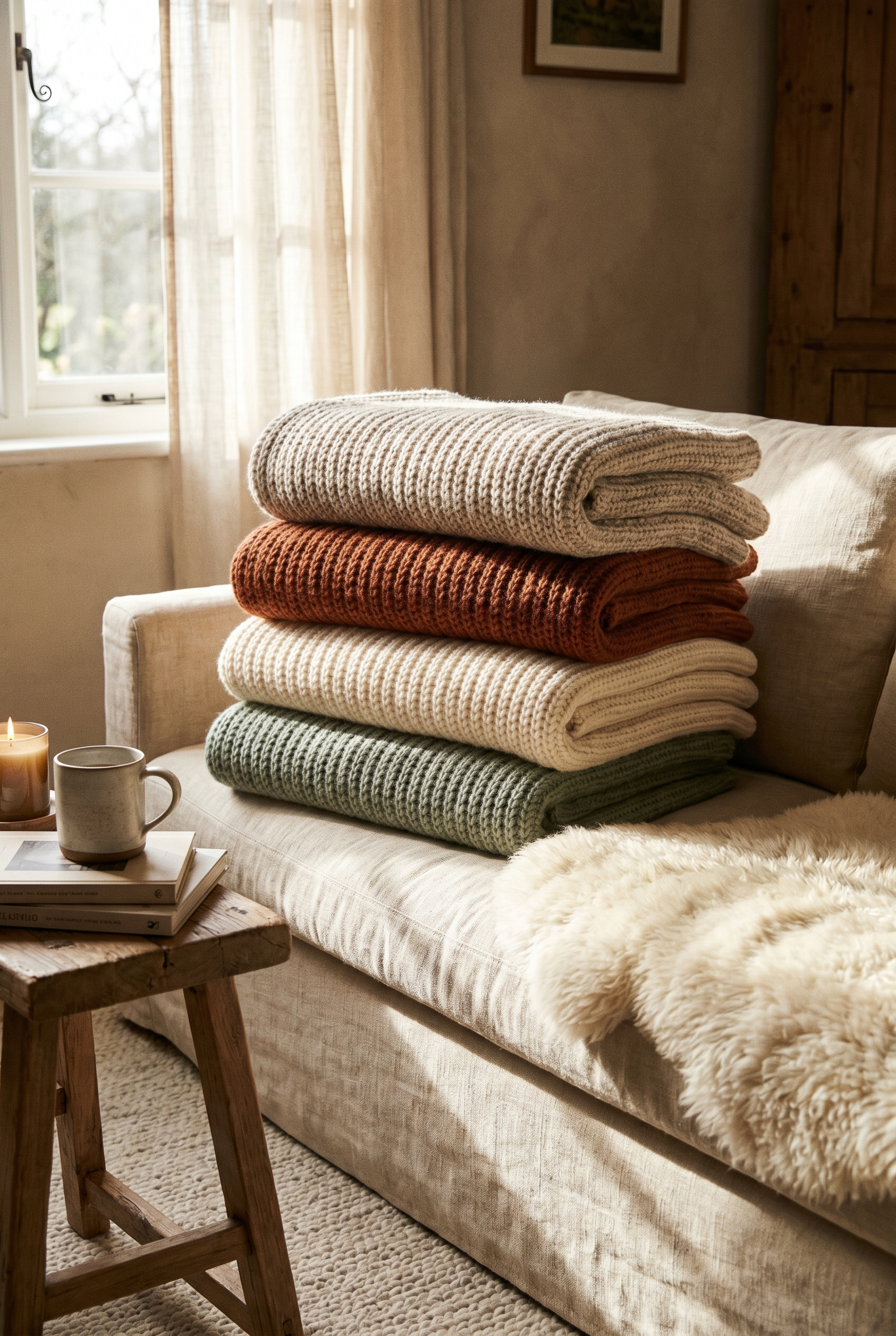 A cozy stack of folded chunky knit throw blankets in warm neutral tones on a sofa