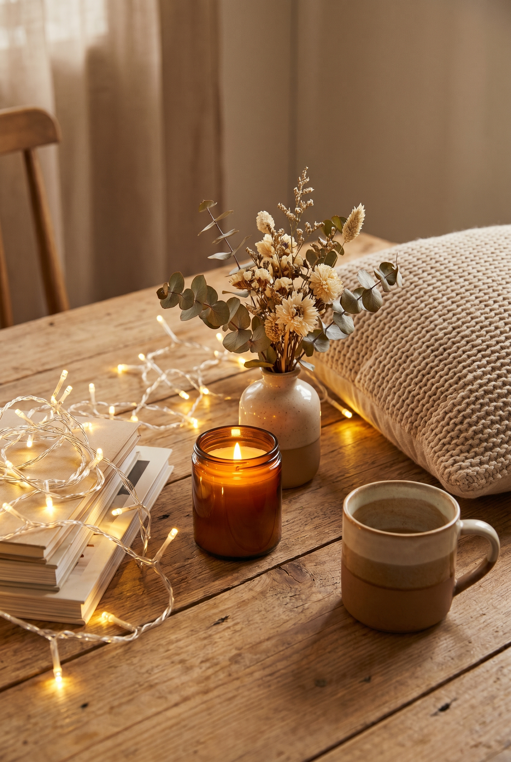 A cozy flat lay of affordable home decor: candle, dried flowers, knit cushion, fairy lights and a mug