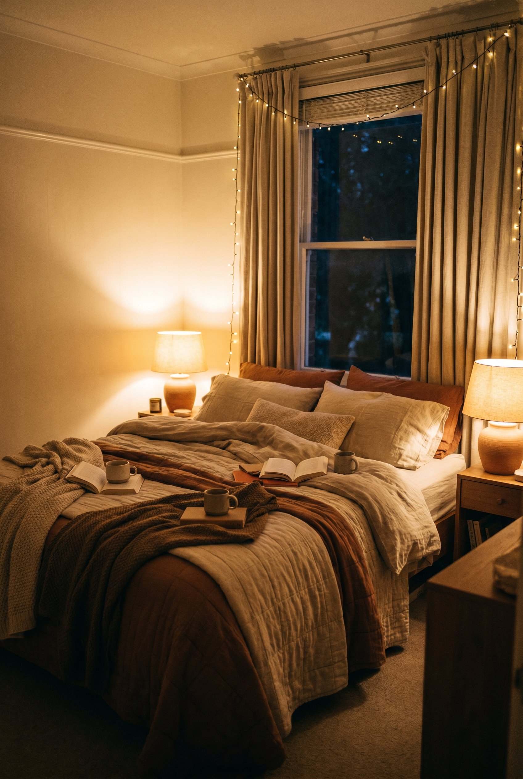 A cozy bedroom lit only by warm bedside lamps and string lights