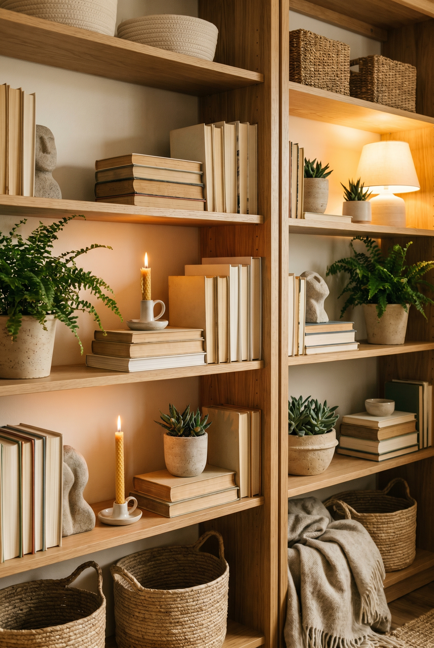 A cozy styled bookshelf with books, plants, candles and warm objects