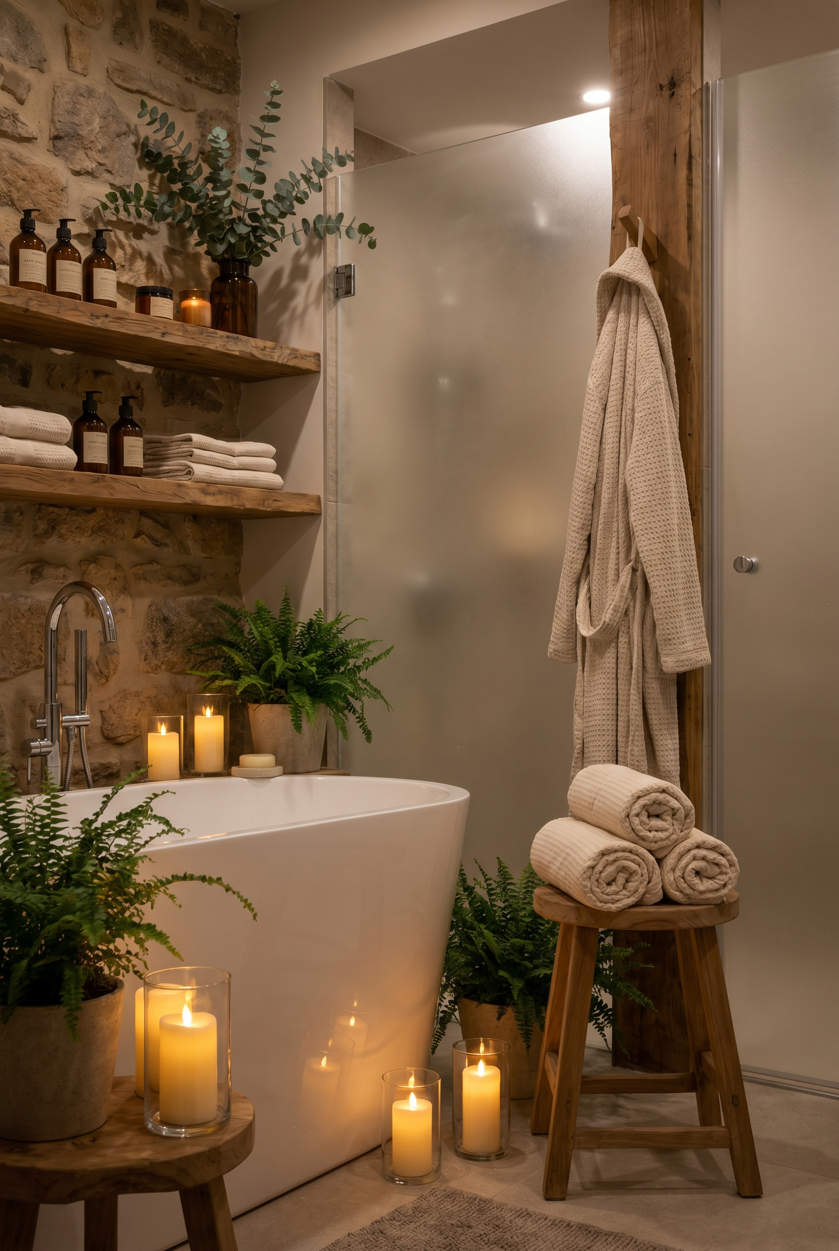 A cozy spa-like bathroom with warm candle light, soft towels and plants