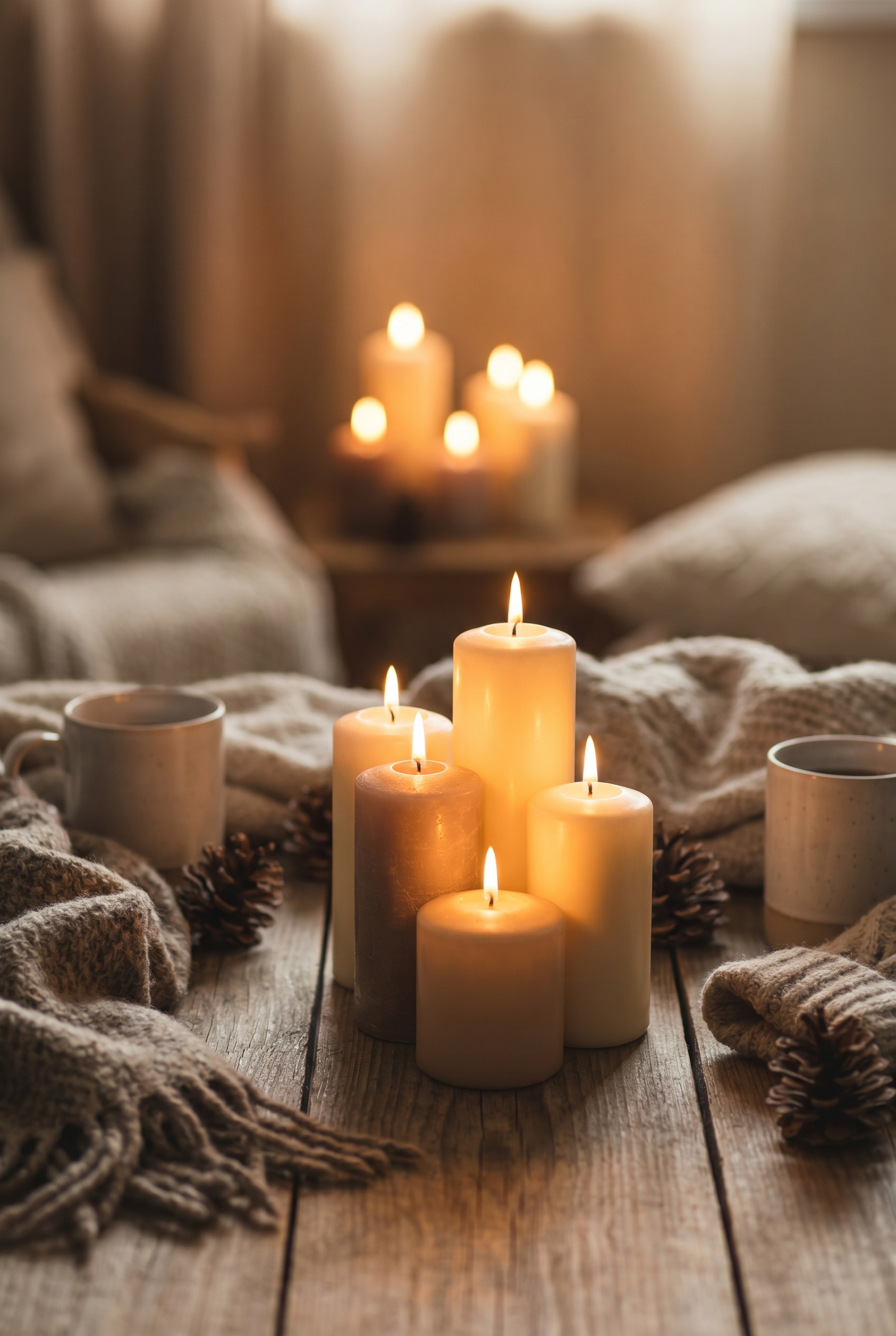 A warm cluster of lit pillar candles glowing on a wooden surface