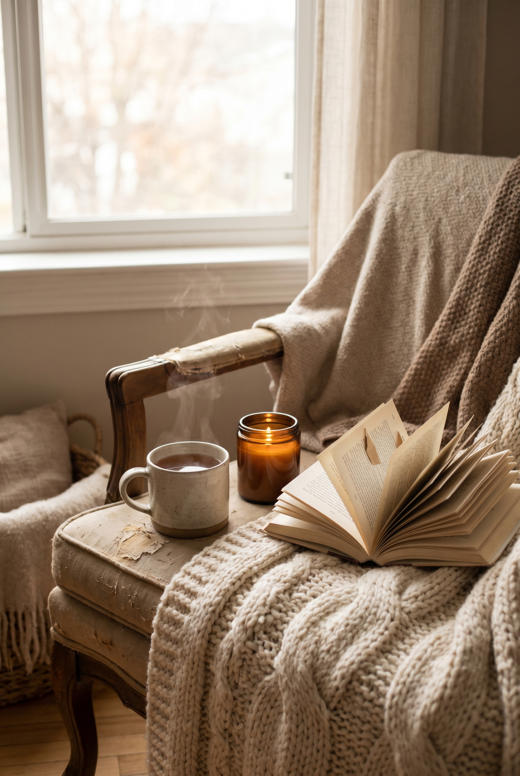 A cozy hygge scene with tea, a knit blanket, a candle and a book by soft window light