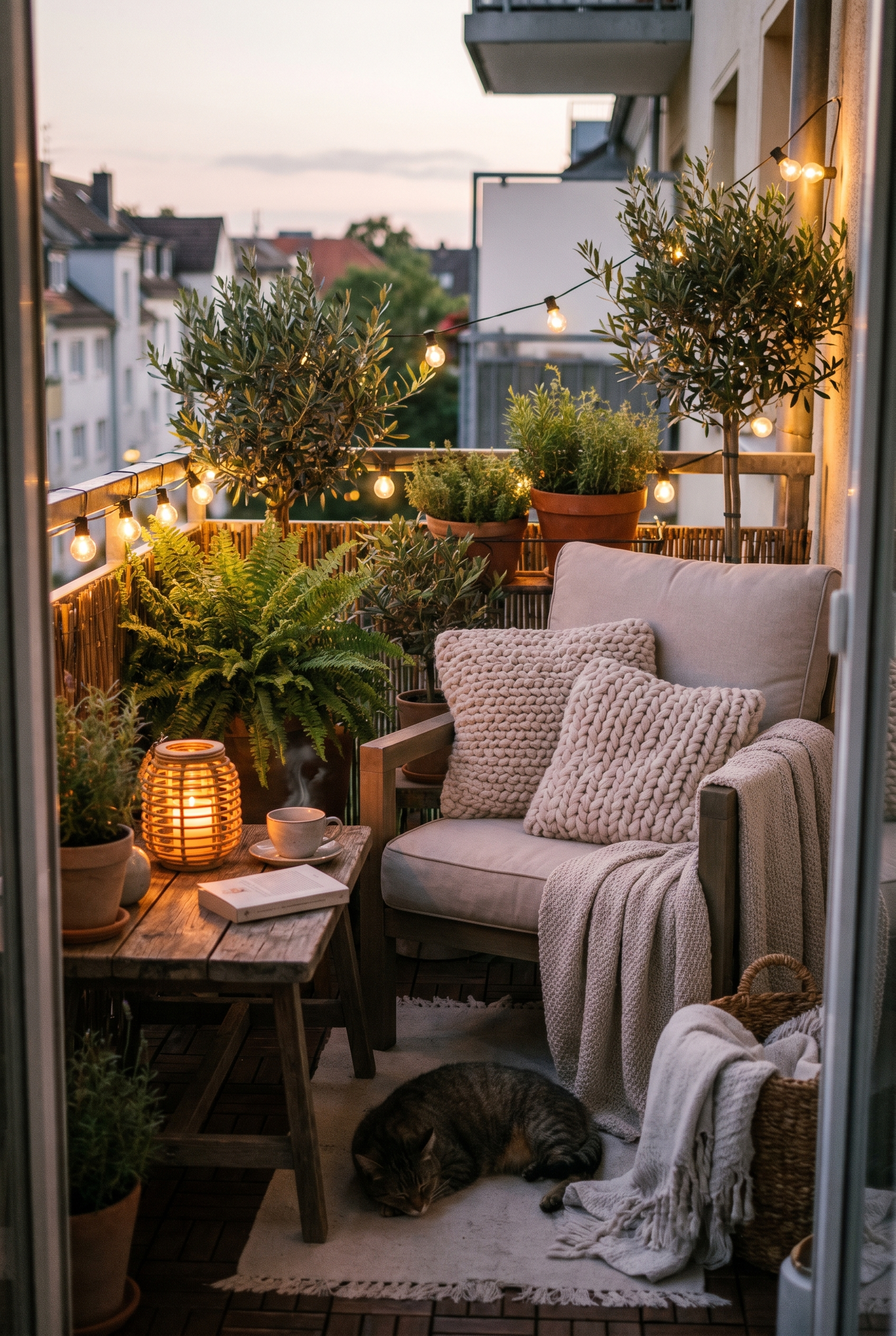 A cozy small balcony with warm string lights, plants, a comfy chair and a lantern
