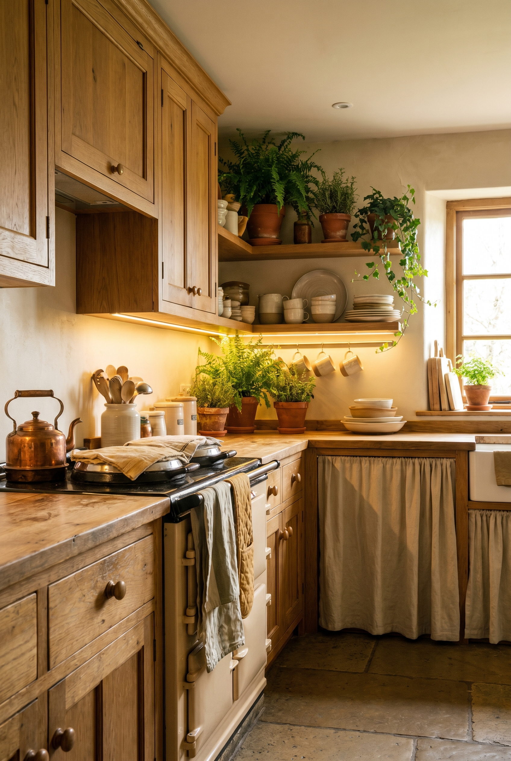 A cozy warm kitchen with wooden cabinets, open shelves, plants and warm lighting