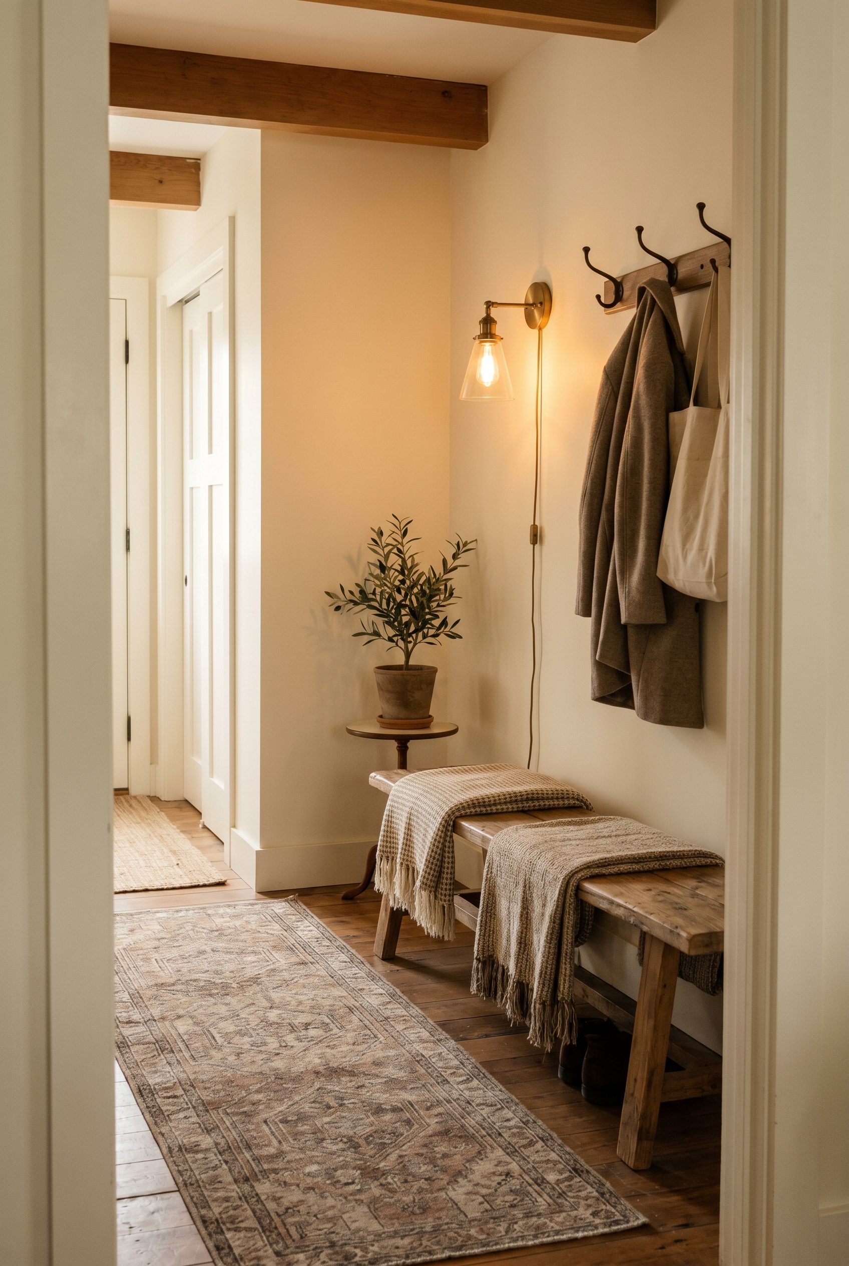 A cozy small entryway with a wooden bench, hooks, a runner rug and warm light