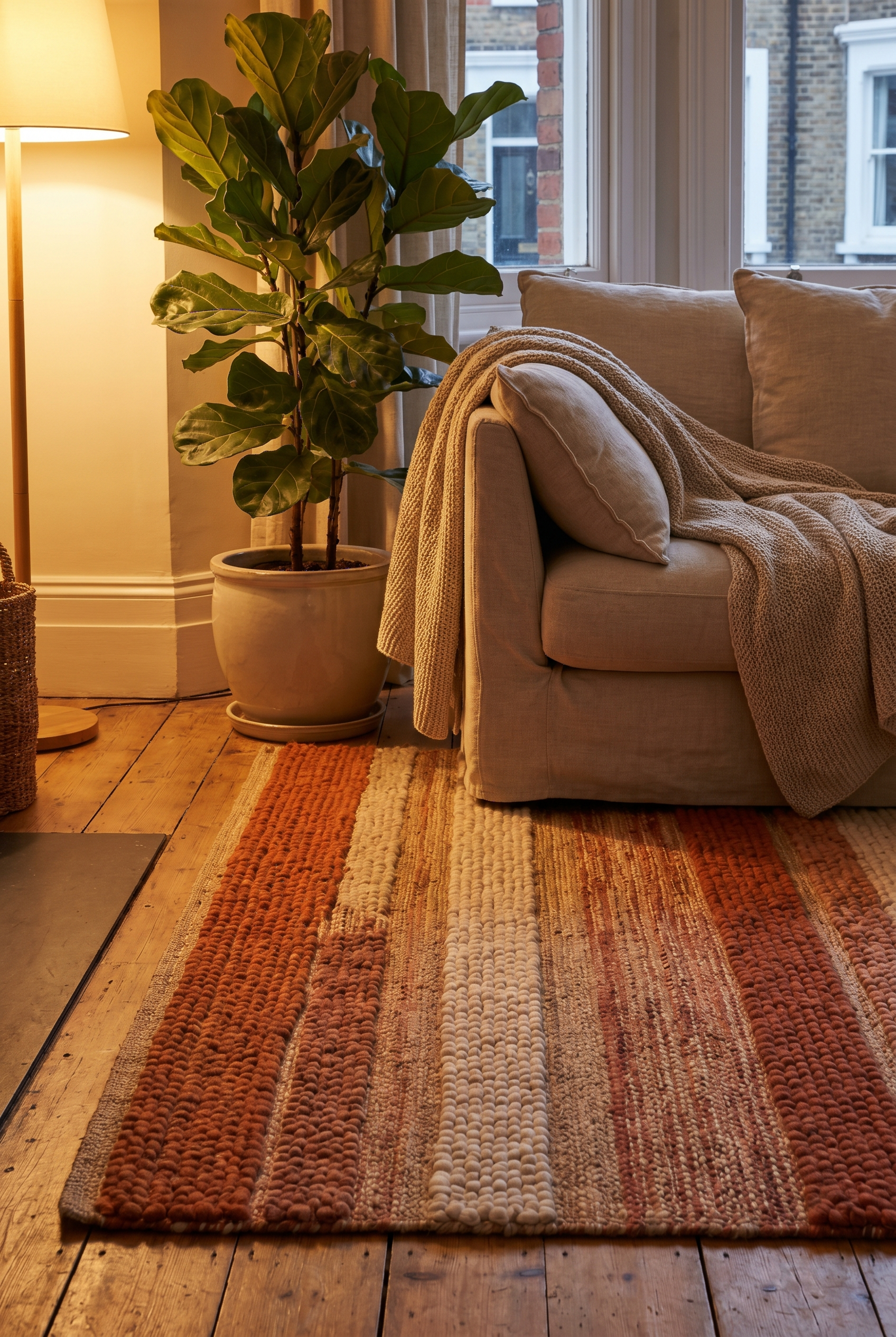 A soft layered warm-toned rug under a linen sofa in a cozy living room